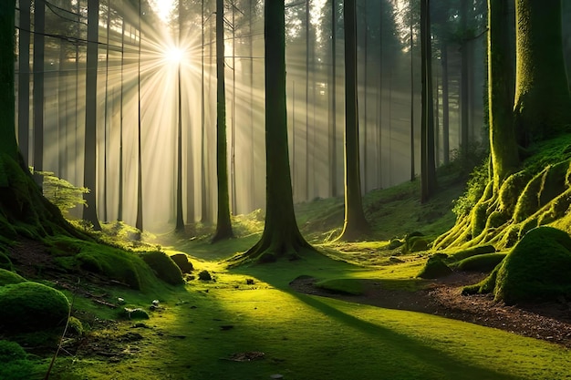 Um caminho em uma floresta com o sol brilhando por entre as árvores