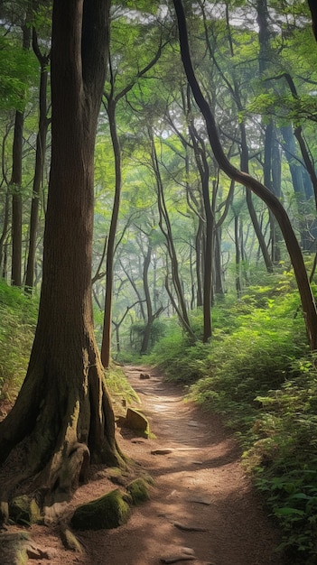 Um caminho em uma floresta com o sol brilhando por entre as árvores.