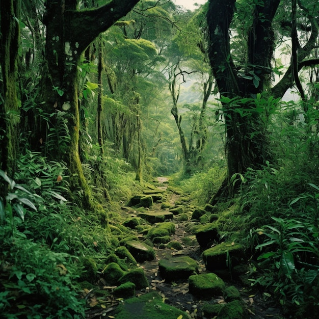 Um caminho em uma floresta com pedras e árvores