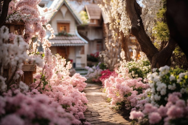 Um caminho encantador e coberto de flores para uma casa aconchegante.