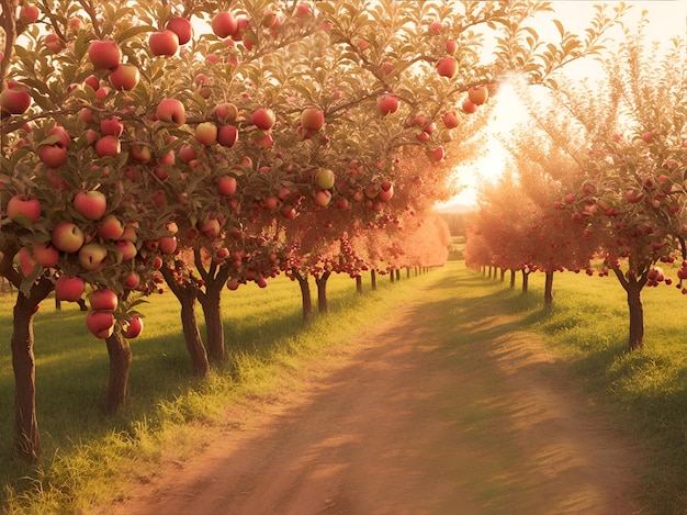 Um caminho entre macieiras em um dia ensolarado