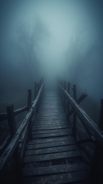 Um caminho escuro leva a uma floresta nebulosa com uma ponte de madeira no meio do nevoeiro.