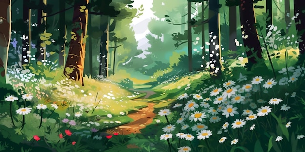 Um caminho florestal na floresta com flores silvestres.