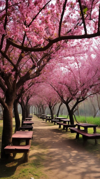 Um caminho ladeado por bancos e árvores com flores cor de rosa.