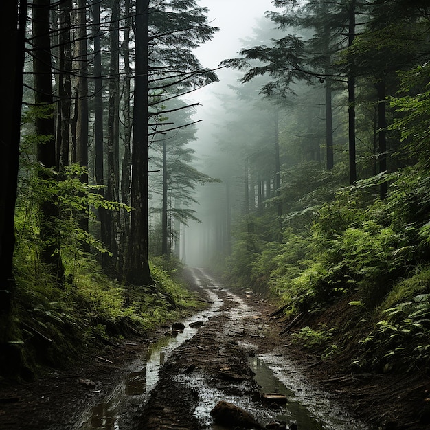 Um caminho lamacento na floresta com uma poça de água no chão.