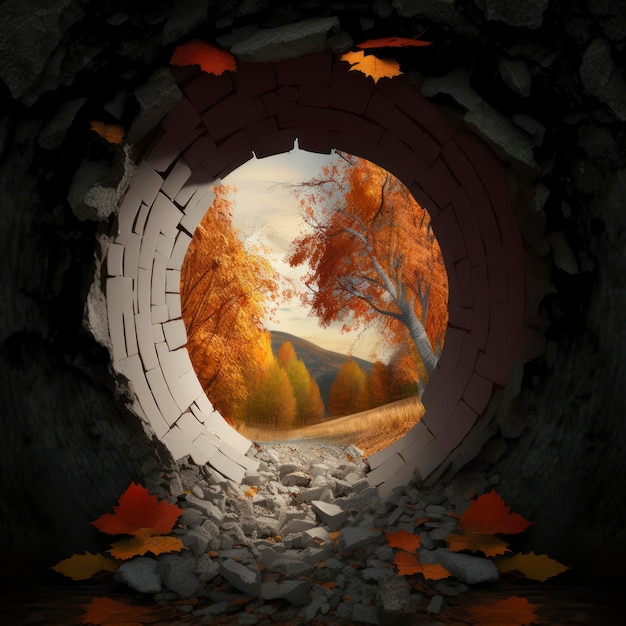 Foto um caminho leva a um buraco na parede uma cena de outono pode ser vista no buraco