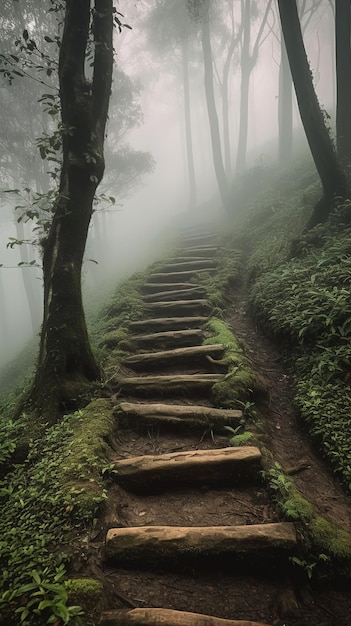 Um caminho na floresta com degraus que levam ao topo.