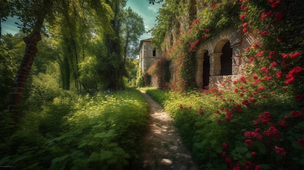 Um caminho na floresta com flores nele