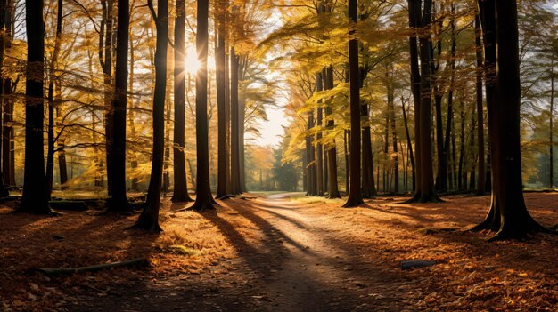 Foto um caminho na floresta com o sol brilhando por entre as árvores