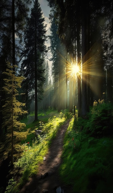 Um caminho na floresta com o sol brilhando por entre as árvores