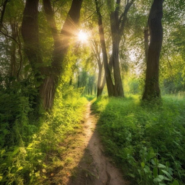 Um caminho na floresta com o sol brilhando por entre as árvores