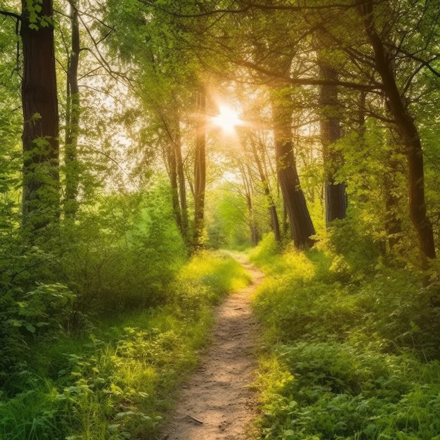 Um caminho na floresta com o sol brilhando por entre as árvores