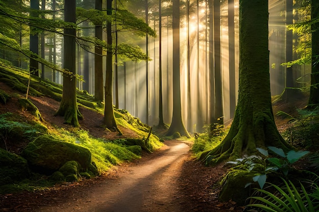 Um caminho na floresta com o sol brilhando por entre as árvores