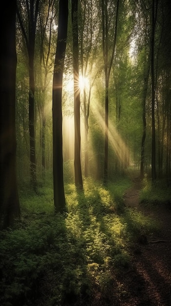 Um caminho na floresta com o sol brilhando por entre as árvores