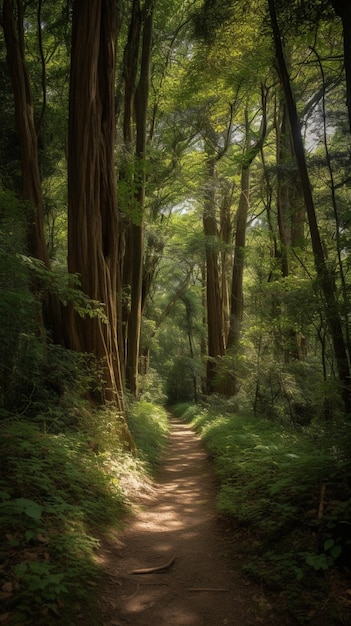 Um caminho na floresta com o sol brilhando sobre ele.