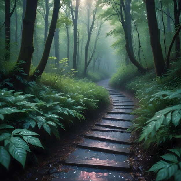 Foto um caminho na floresta com um caminho de madeira através da floresta