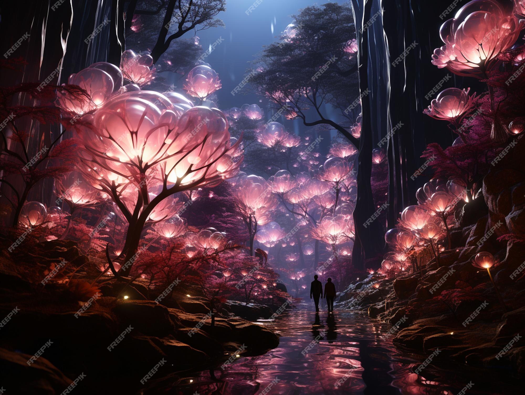 Cenário de anime de uma floresta com um caminho e um céu