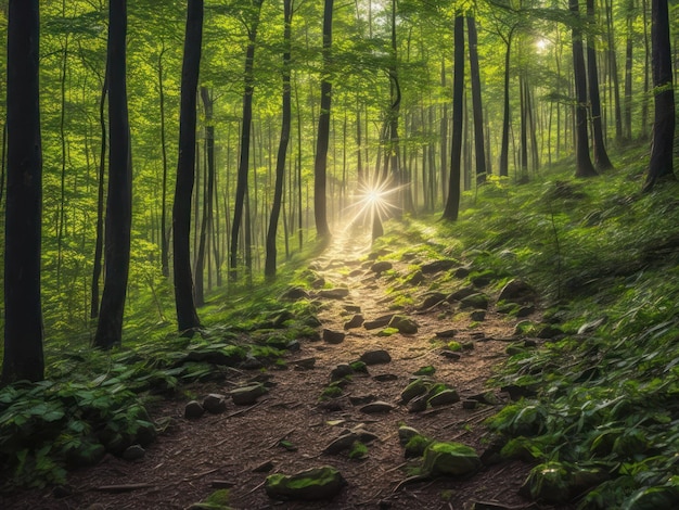 Um caminho na floresta com um sol ao fundo