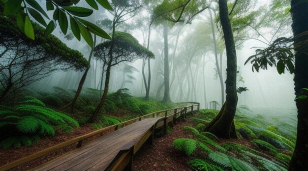 Um caminho na floresta com uma árvore em primeiro plano