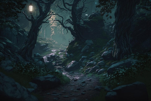 Um caminho na floresta com uma lanterna que diz 'a floresta escura'