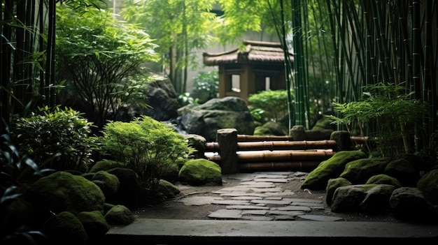 um caminho na floresta de bambu com um caminho de pedra.
