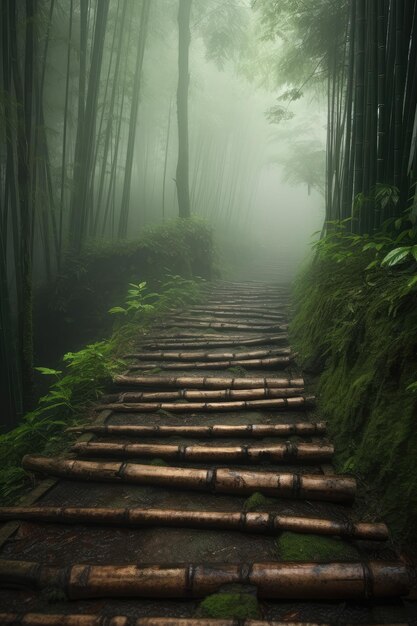 Foto um caminho na floresta de bambu num dia chuvoso