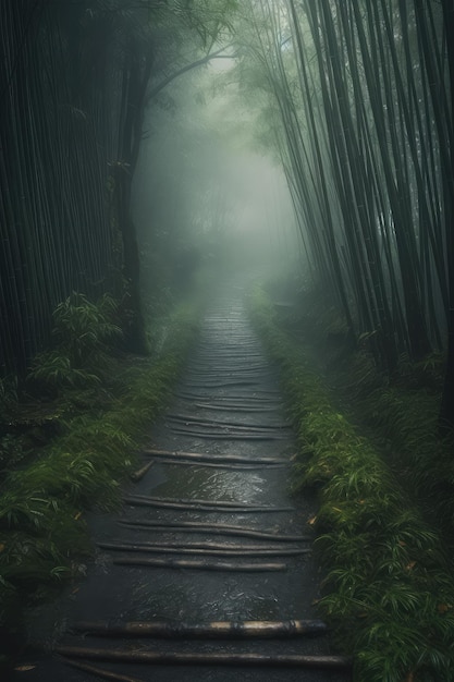 Foto um caminho na floresta de bambu num dia chuvoso