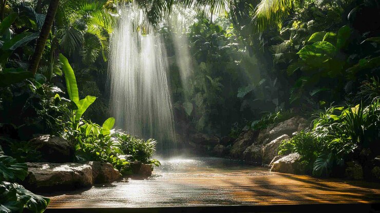 Foto um caminho na selva com uma cachoeira e o sol a brilhar através das folhas