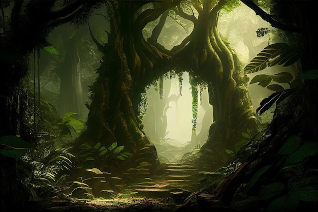 Um caminho na selva com uma grande árvore no meio.