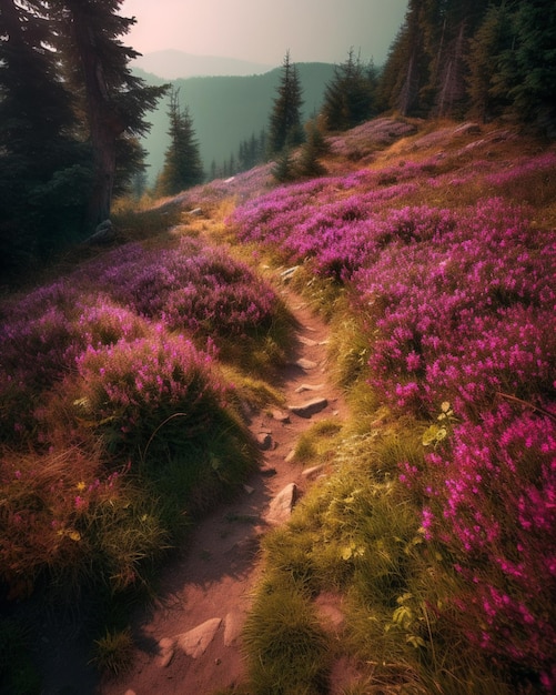 Um caminho nas montanhas com flores roxas