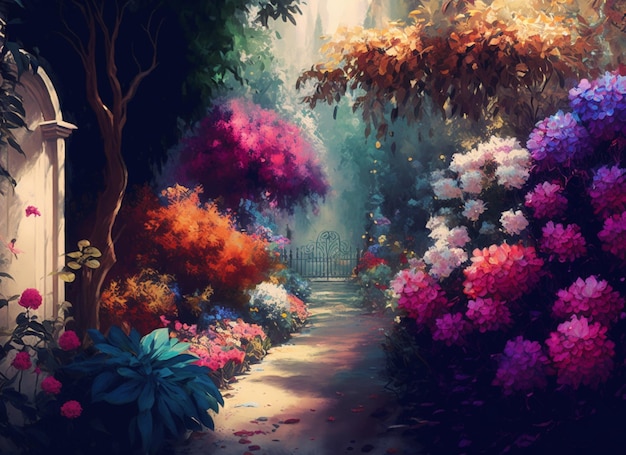 Um caminho no jardim com flores