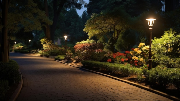 um caminho no parque com flores e uma lâmpada