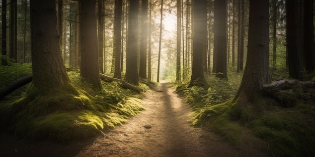 Um caminho pela floresta com o sol brilhando por entre as árvores.