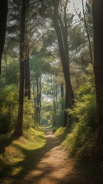 Um caminho pela floresta com uma árvore no lado esquerdo