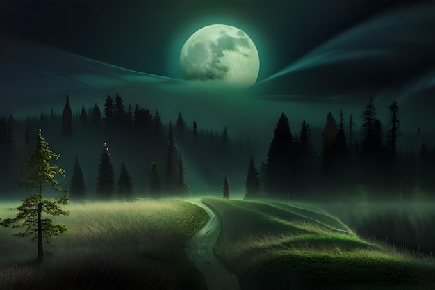 Um caminho pela floresta com uma lua cheia ao fundo.