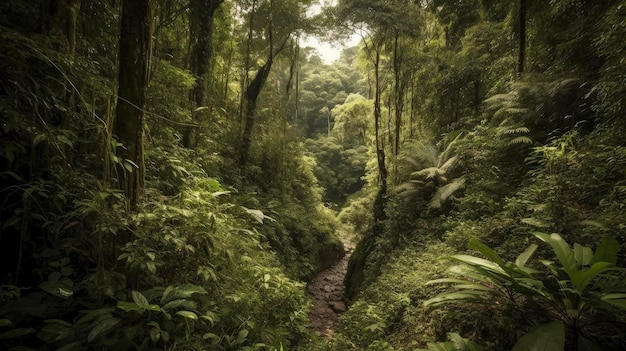 Um caminho pela selva com árvores e plantas