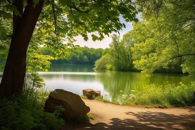 Um caminho por um lago com árvores e um campo verde