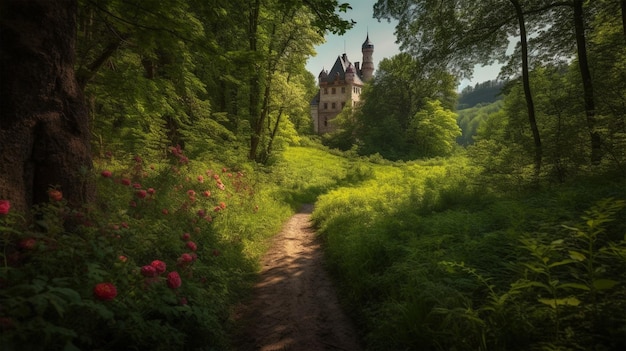 Um caminho que leva a um castelo na floresta