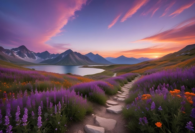 Um caminho que leva a uma montanha com flores roxas em primeiro plano