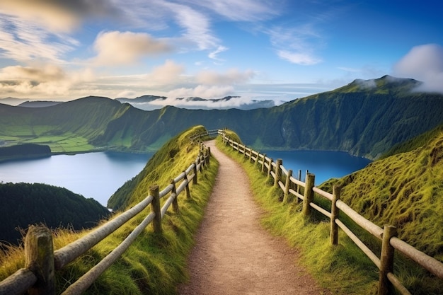 Um caminho que leva a uma montanha com uma cerca nele.