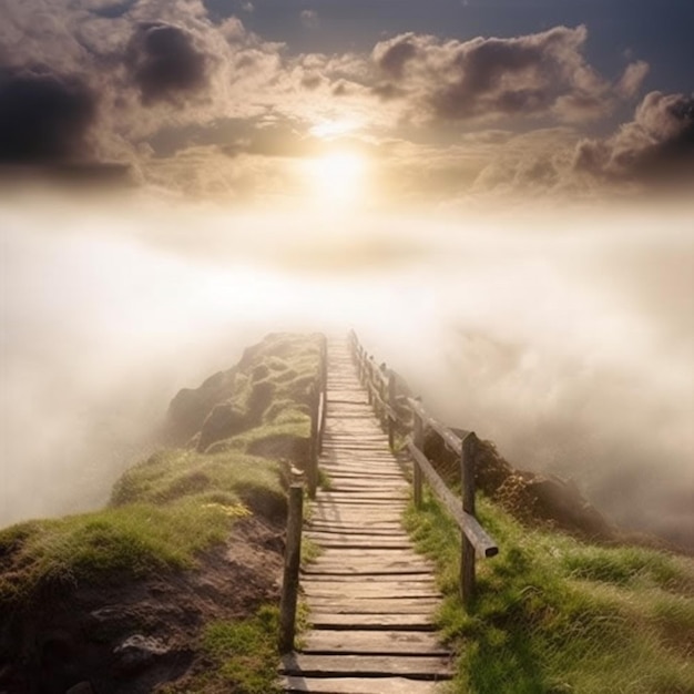 Um caminho que leva ao horizonte com o sol brilhando por entre as nuvens