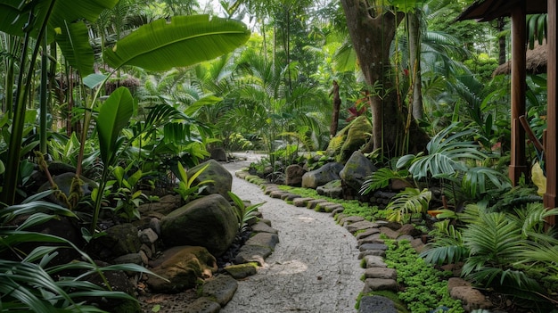 Um caminho serpenteia através da densa floresta tropical levando mais profundamente para a paisagem verde exuberante coberta de musgo