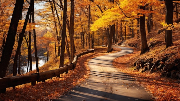 um caminho sinuoso através de uma pitoresca floresta de outono