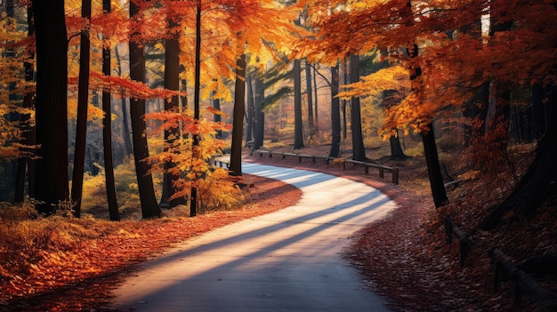 um caminho sinuoso através de uma pitoresca floresta de outono