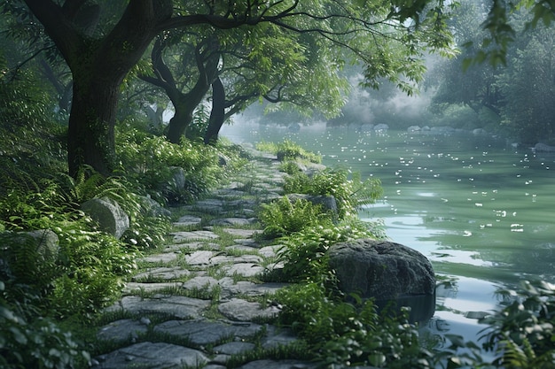 Um caminho tranquilo à beira do rio, serpenteando através de vegetação exuberante.