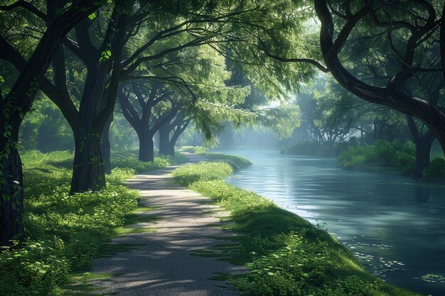 Um caminho tranquilo à beira do rio sombreado por árvores