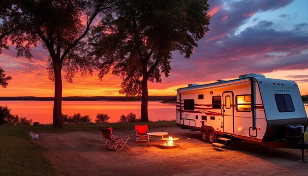 um camper está estacionado na frente de um lago com um pôr-do-sol no fundo