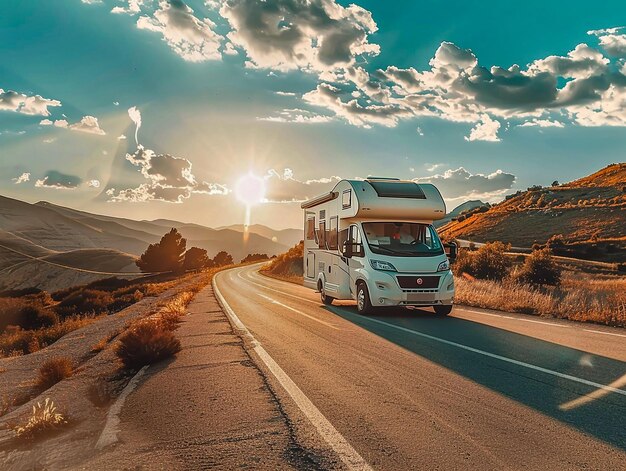 Foto um camper moderno que viaja na estrada com uma paisagem fantástica