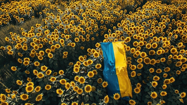 Um campo adornado com girassóis e a bandeira ucraniana plantada orgulhosamente no chão