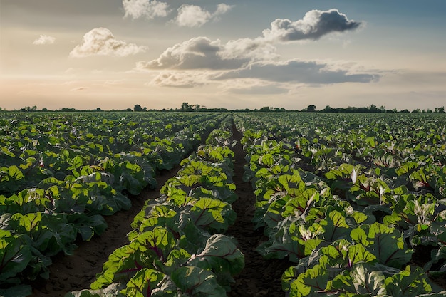 Um campo agrícola cênico com prósperas colheitas de beterraba sob um céu ensolarado